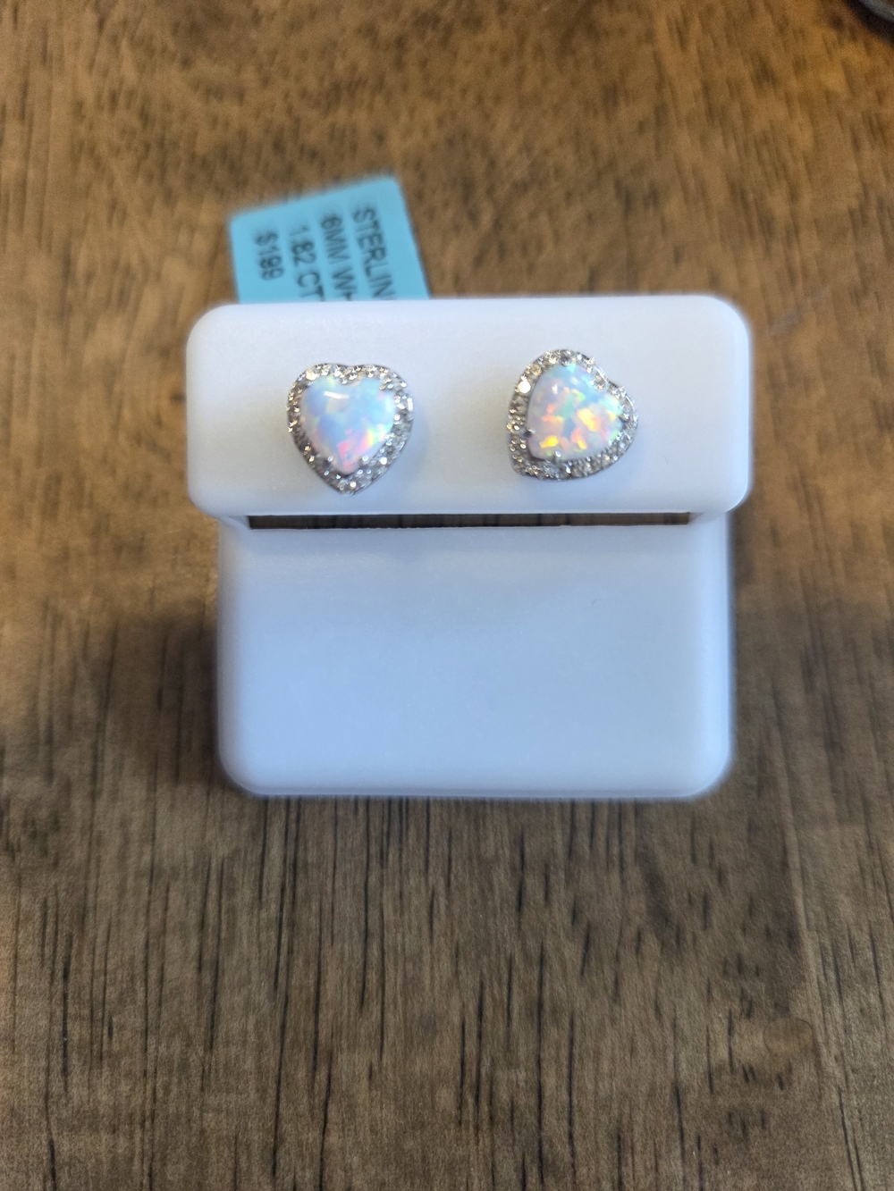 Sterling Silver Heart Opal Stud Earrings - Iridescent White